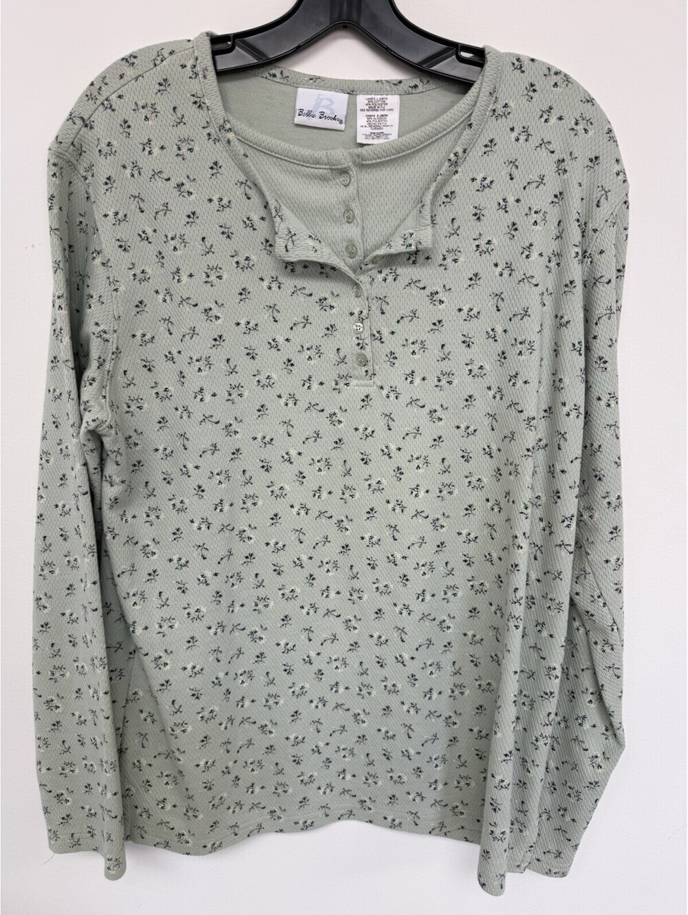 Bobbie Brooks Women L Satin Green Floral Waffle Knit Henley Long Sleeve Top